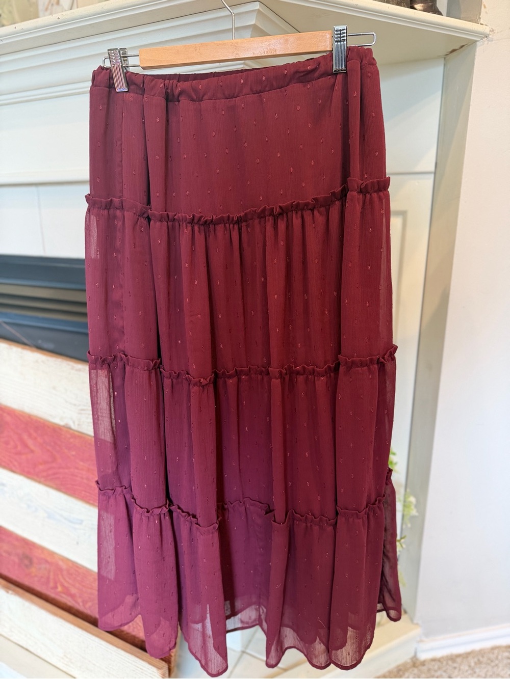 Women’s layered Swiss Dot Maxi  Skirt in Burgundy